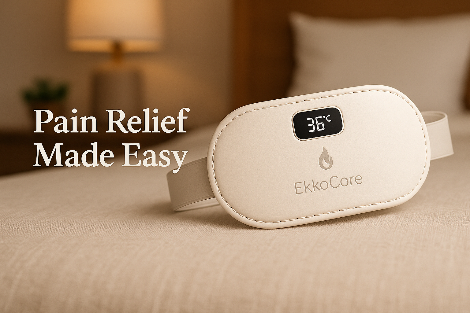 EkkoCore with real-life background and "Pain Relief Made Easy" text