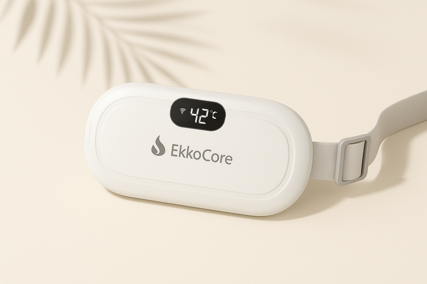 White EkkoCore heating belt with neutral logo and lifestyle background